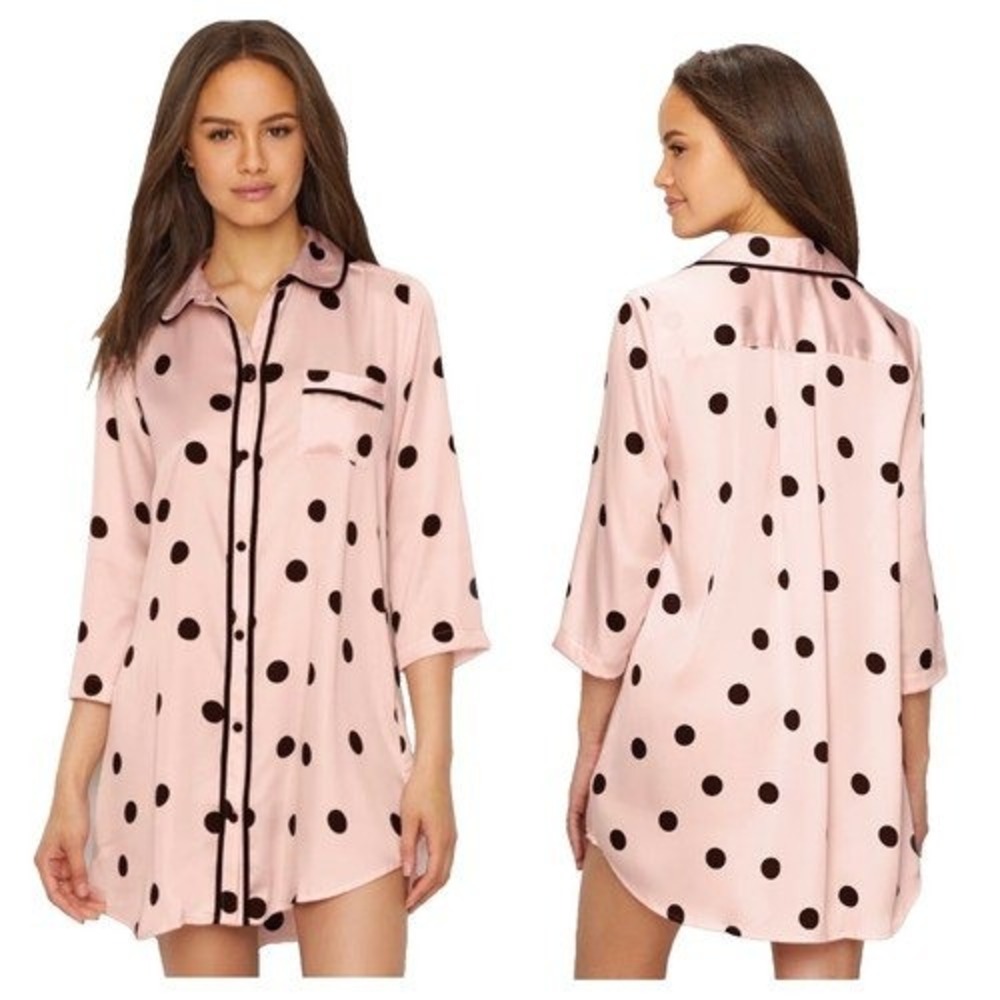 Kate Spade Women's Pink Black Polka Dot Sleep Shirt Nightgown XL Button Front